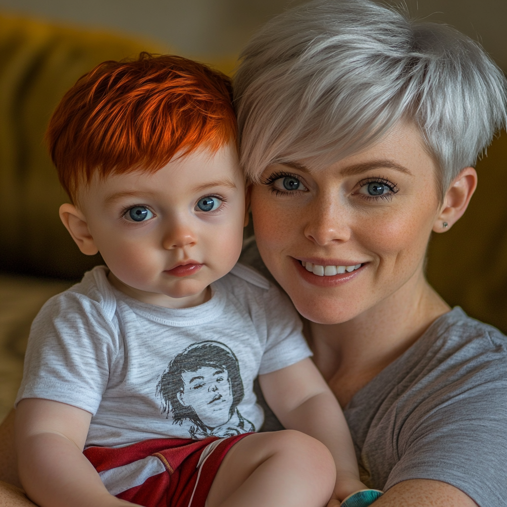 28-year-old mom with silver pixie haircut holding one-year-old boy 