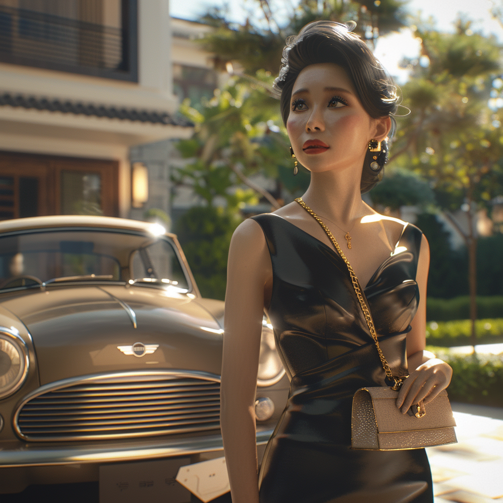 28-year-old woman in elegant Valentino dress outdoors.