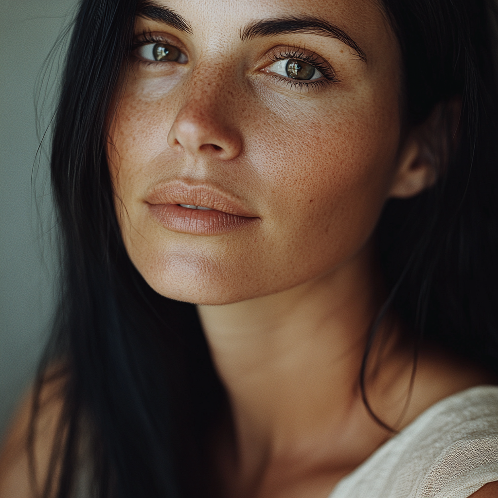 28-year-old woman with black hair looking at camera 