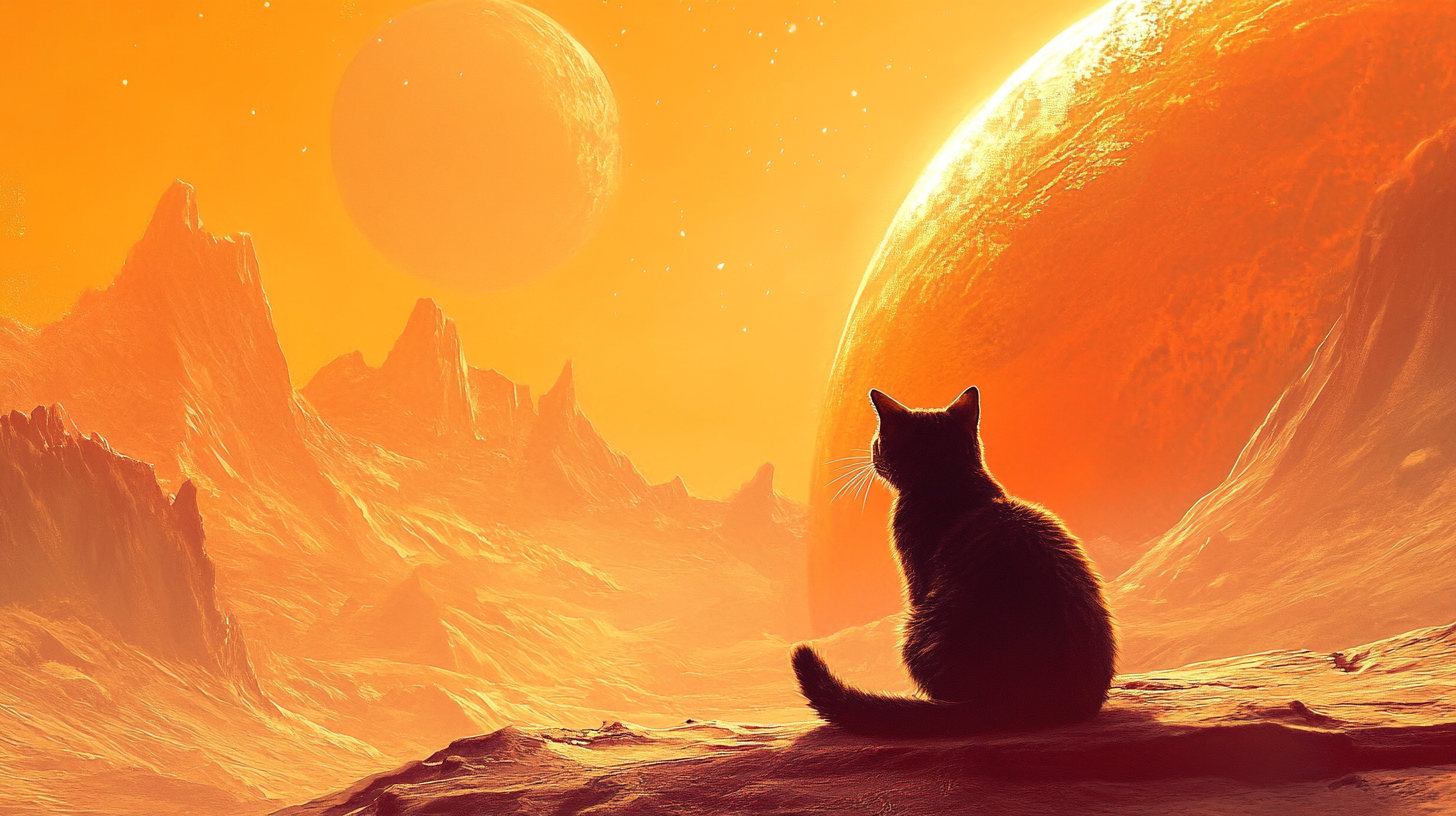 2D art of cat pillow on unknown planet.