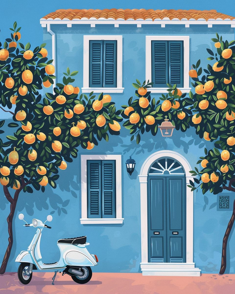 2D gouache painting of blue Sorrento house with Vespa.