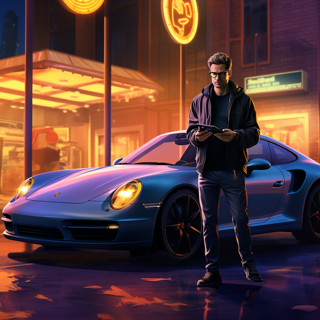 2D Man Illustration Porsche 911 Bitcoins