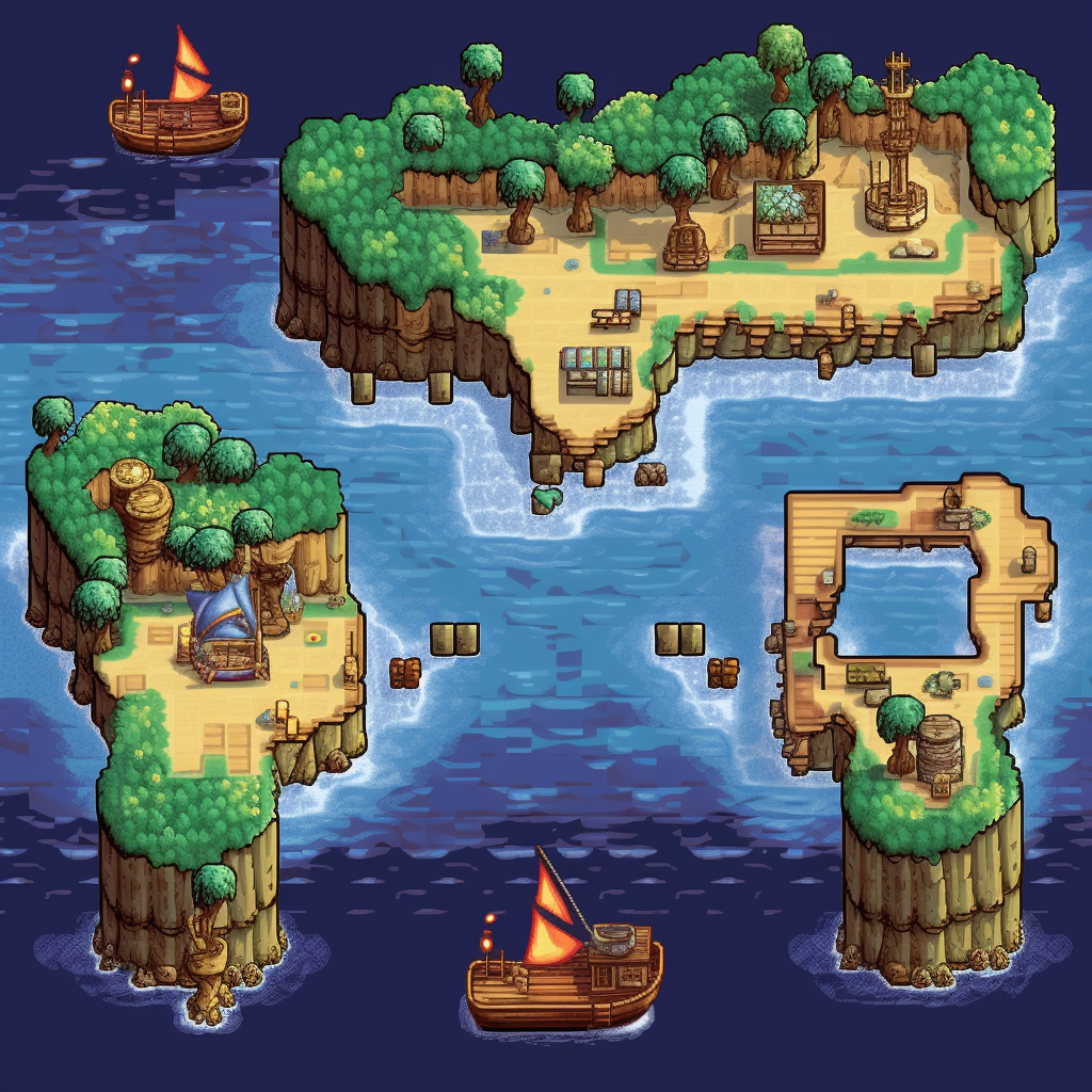 Overworld map of a 2D retro fishing game