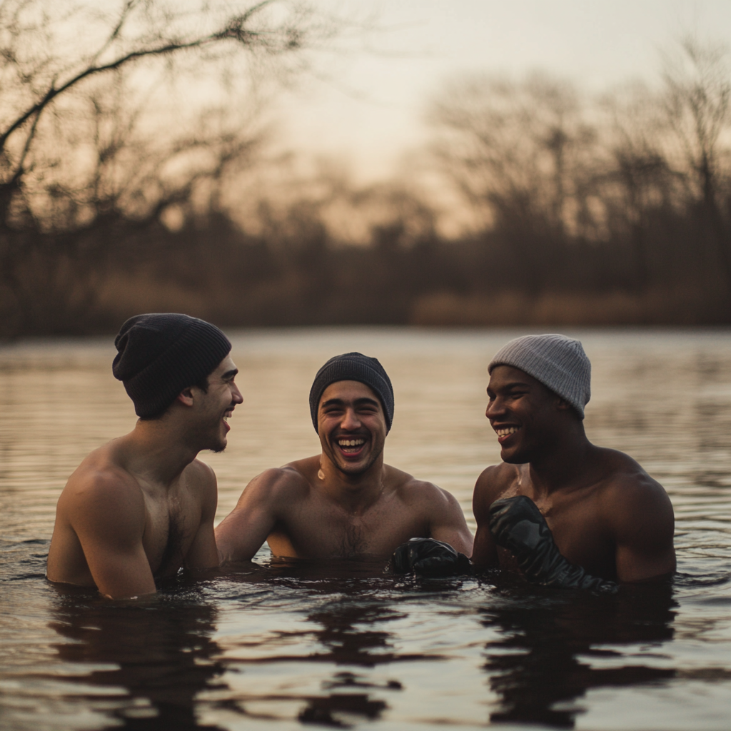 3 Men Laughing in Lake at Sunrise