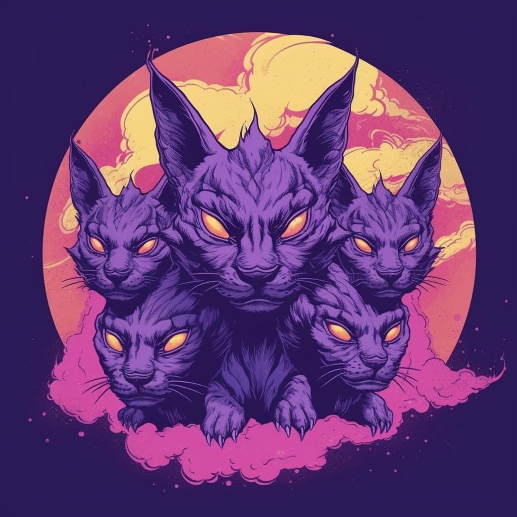 3-headed demon cat based on cerberus, purple background.