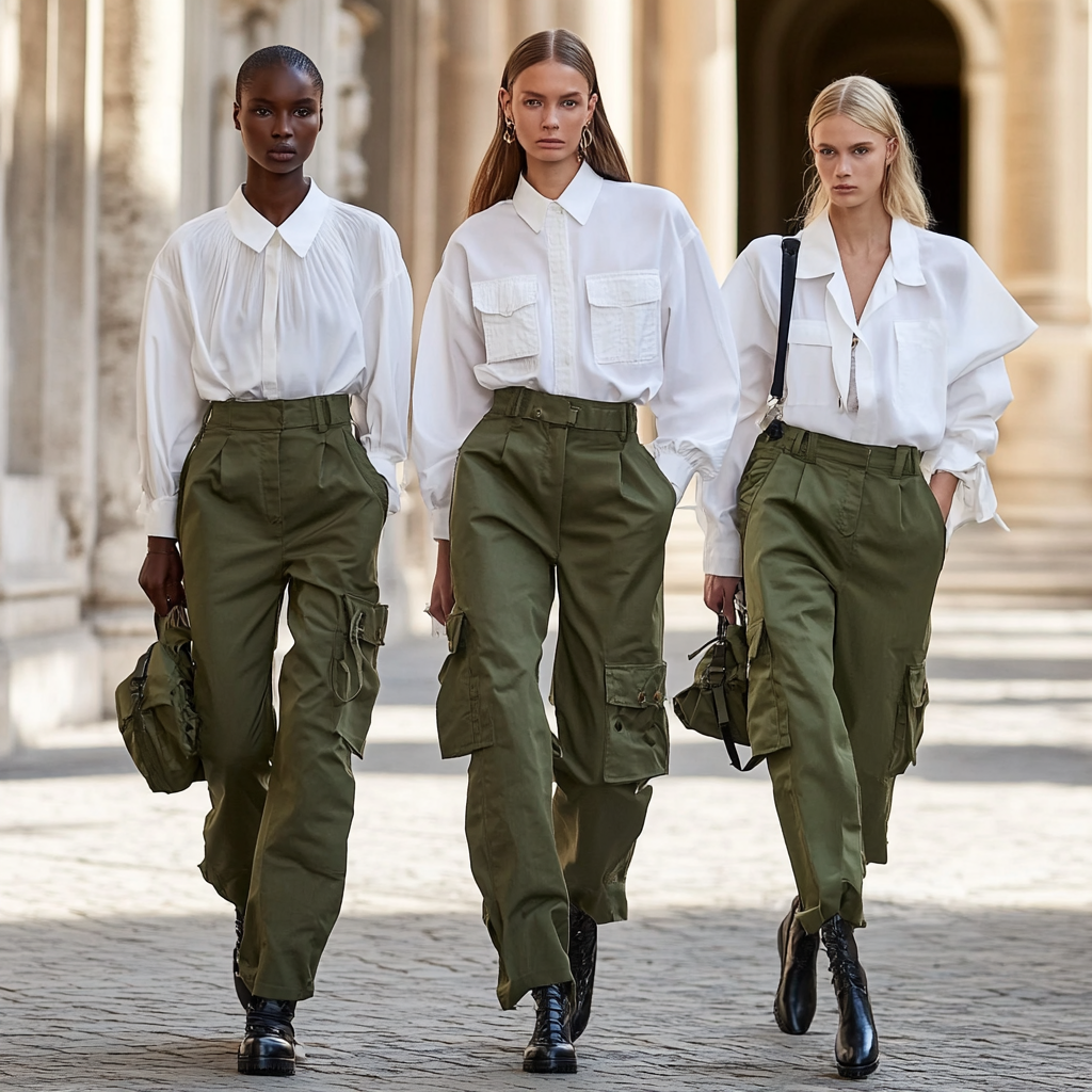 3 models in army green pants, studded barrel leg.