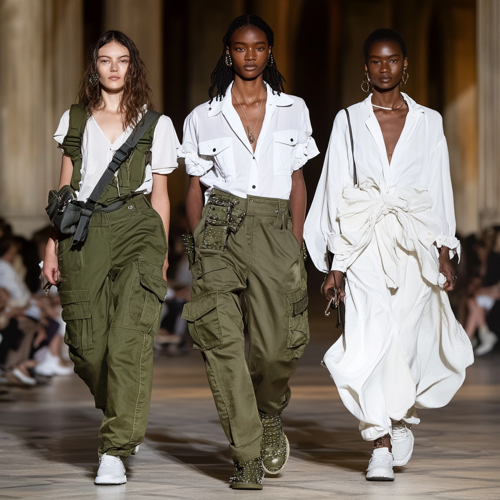 3 models in studded army green pants in Rome.