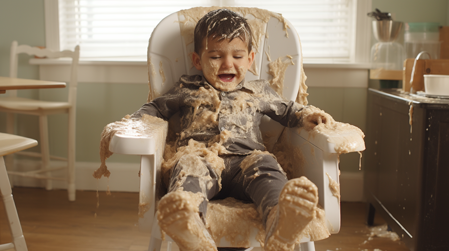 Boy dropping mash from high chair