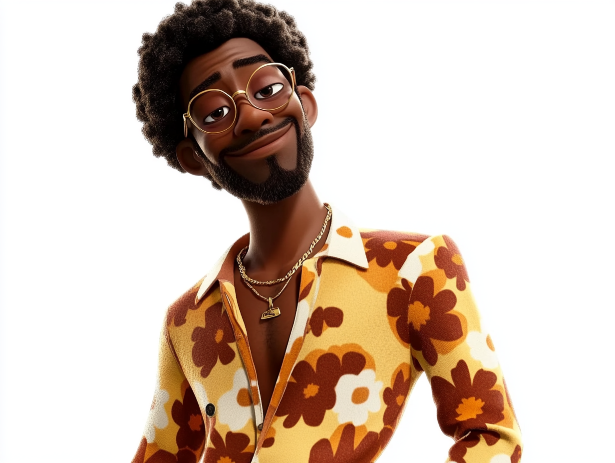 30-year-old black man in stylish 1970s clothing posing.