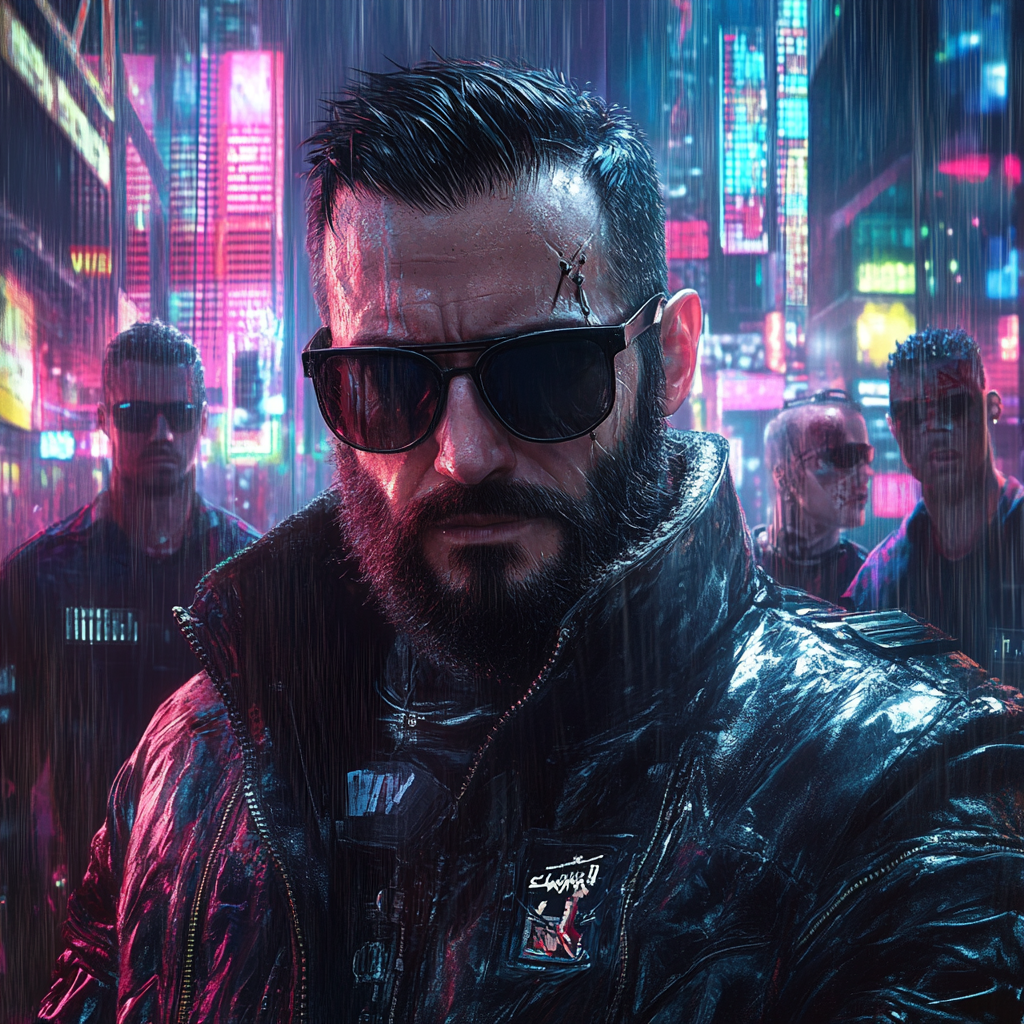 30-year-old cyberpunk man in Ray-Ban sunglasses with gang.