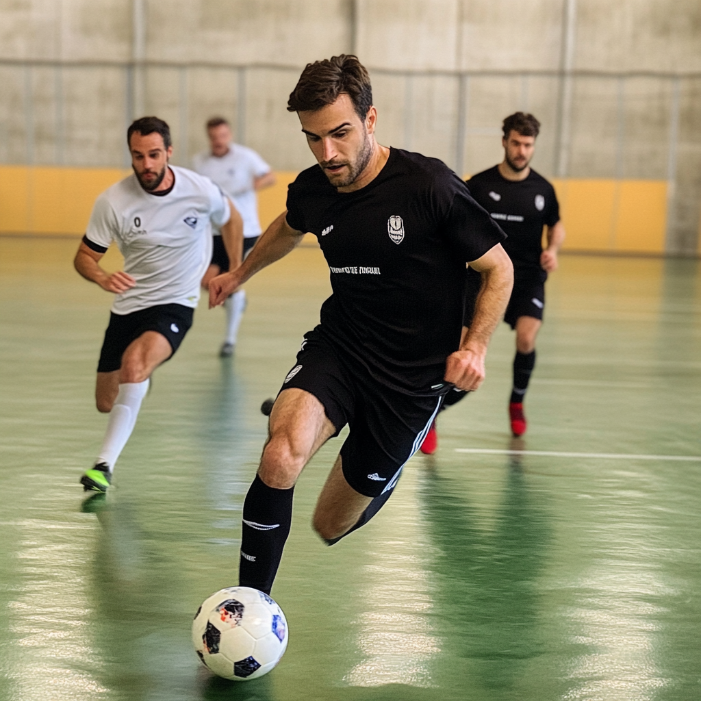 30-year-old men playing indoor soccer on synthetic grass.