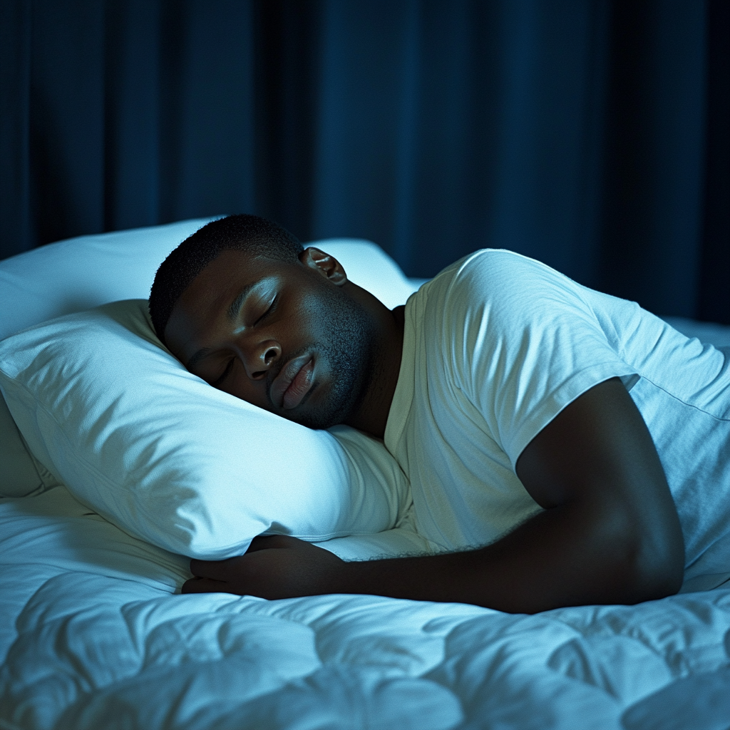 32 years old black man sleeping on mattress with pillowtop.