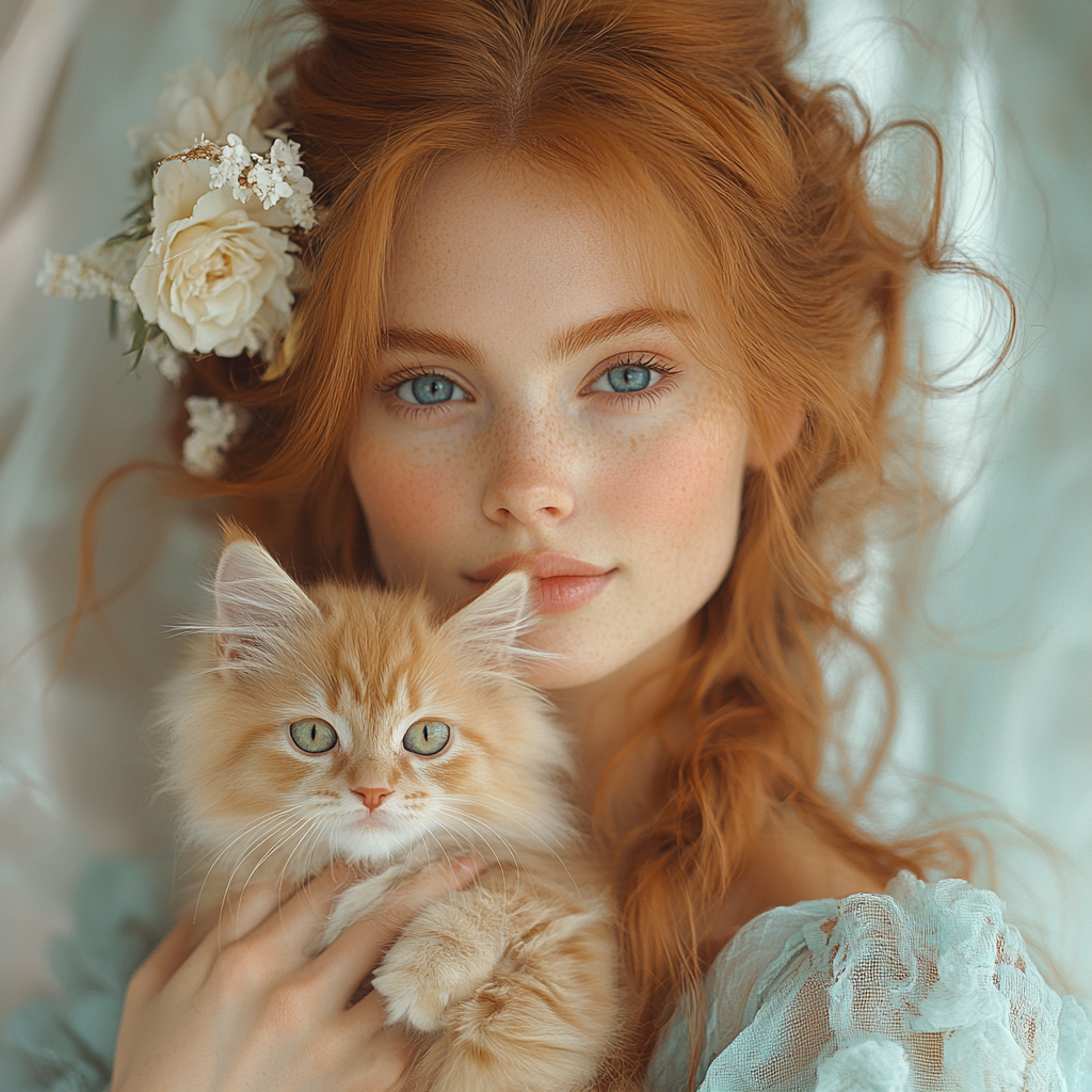 32k photo of woman holding red-haired kitten,m wearing blue dress, in front of soft pastel background.