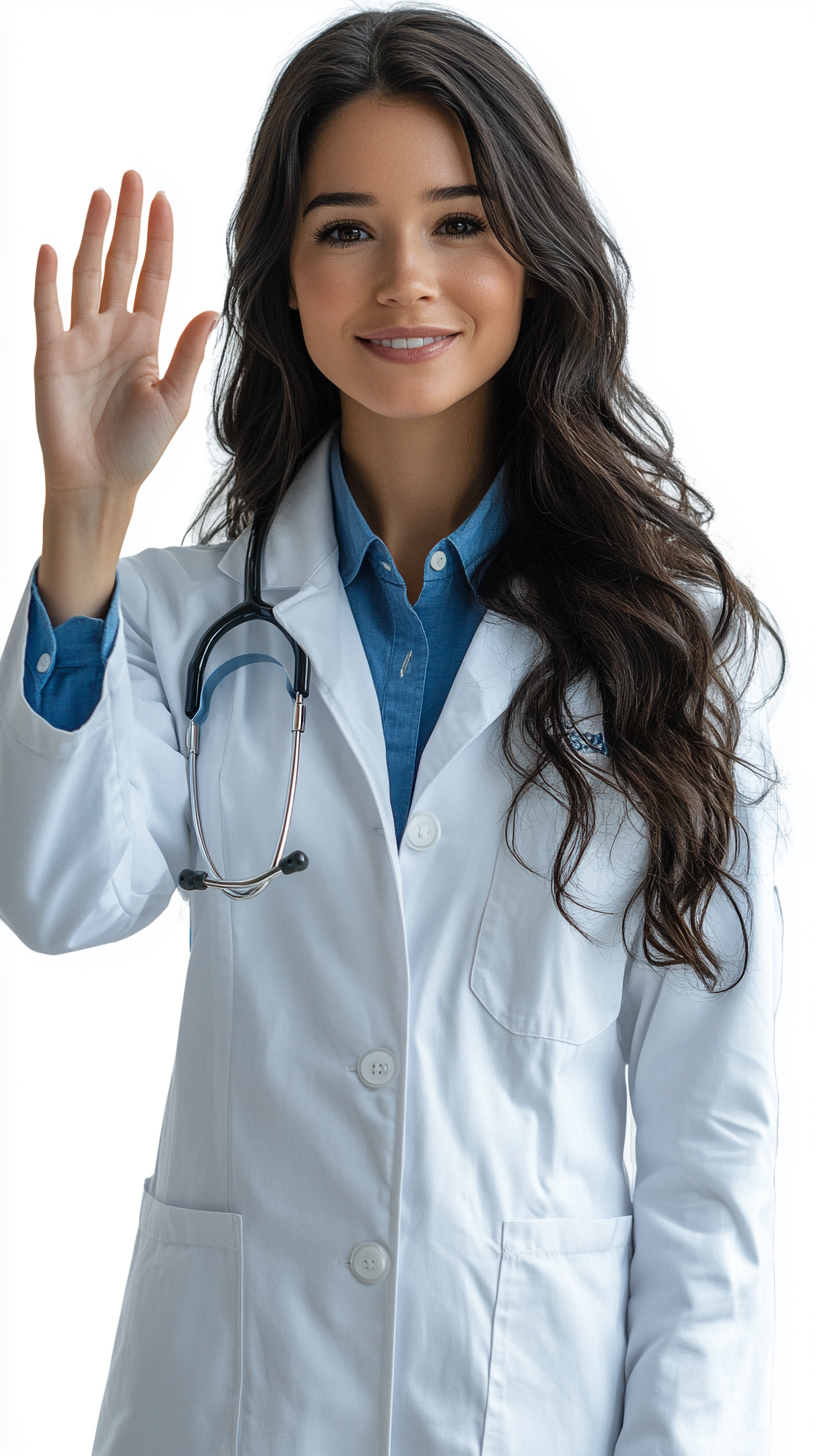 35-year-old American woman doctor smiling and waving hello. Hyper realistic photo on transparent background.