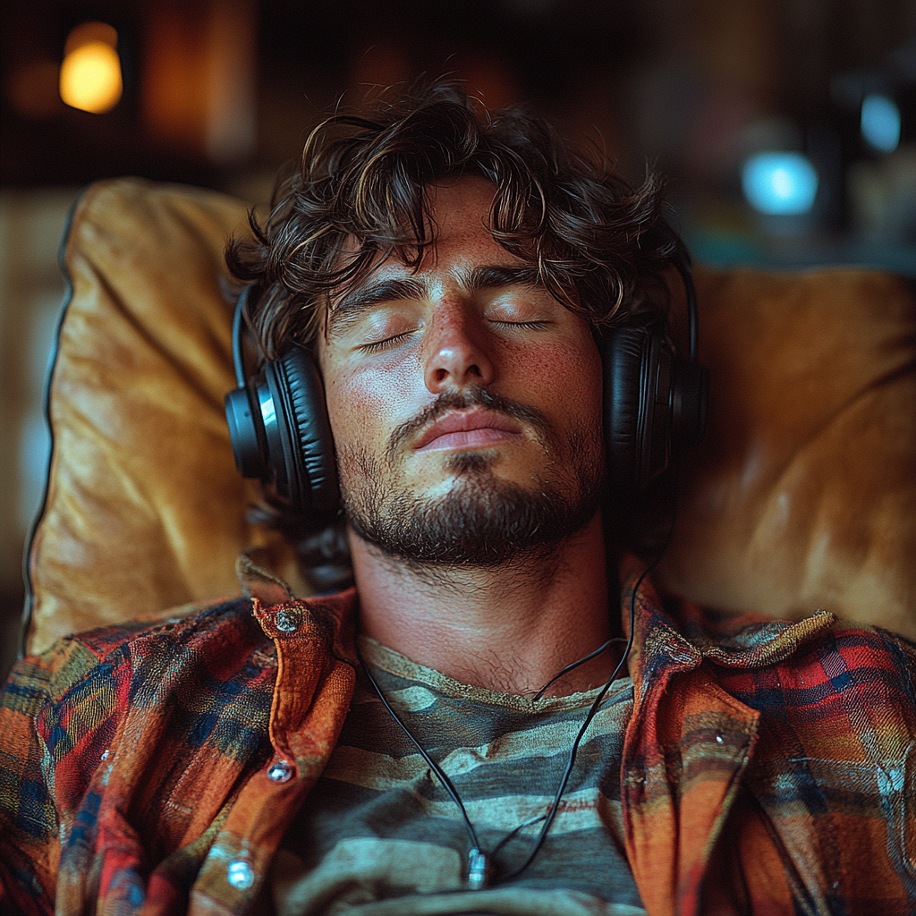 35 year old man in living room relaxing peacefully