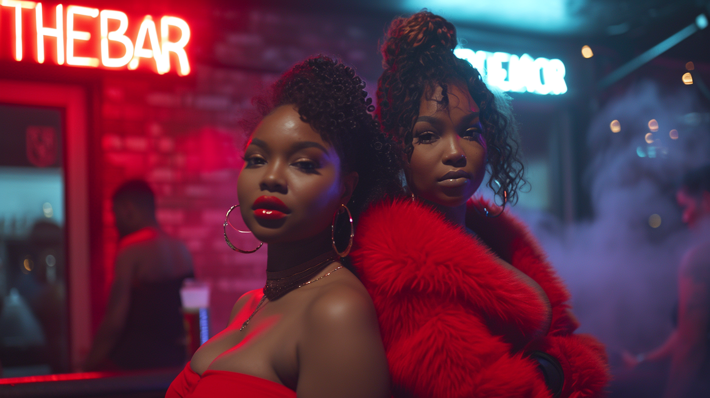 Two beautiful black women outside a bar