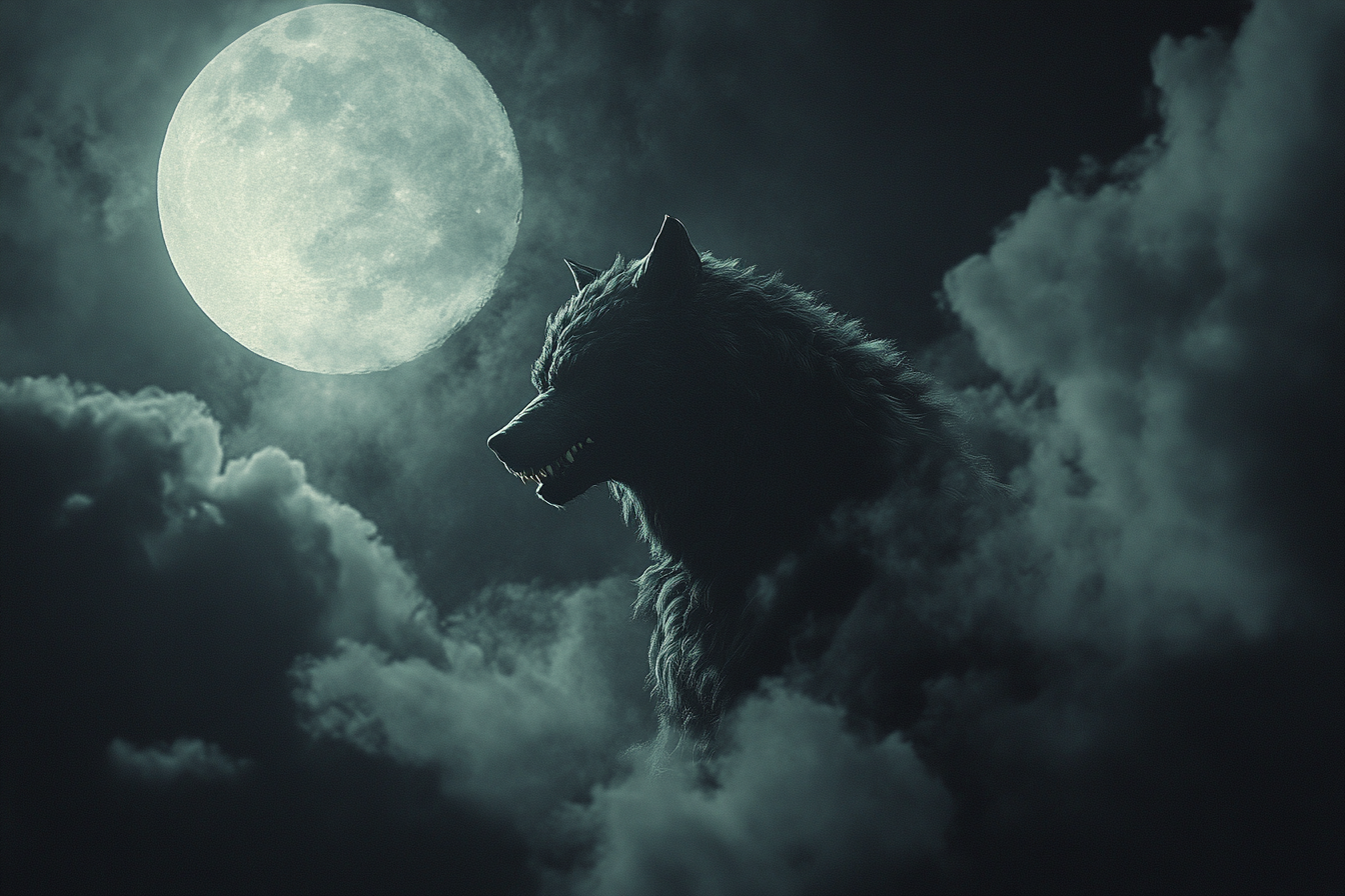 35mm film-style photo, Victorian-era night scene, full moon, towering werewolf, menacing, eerie atmosphere.