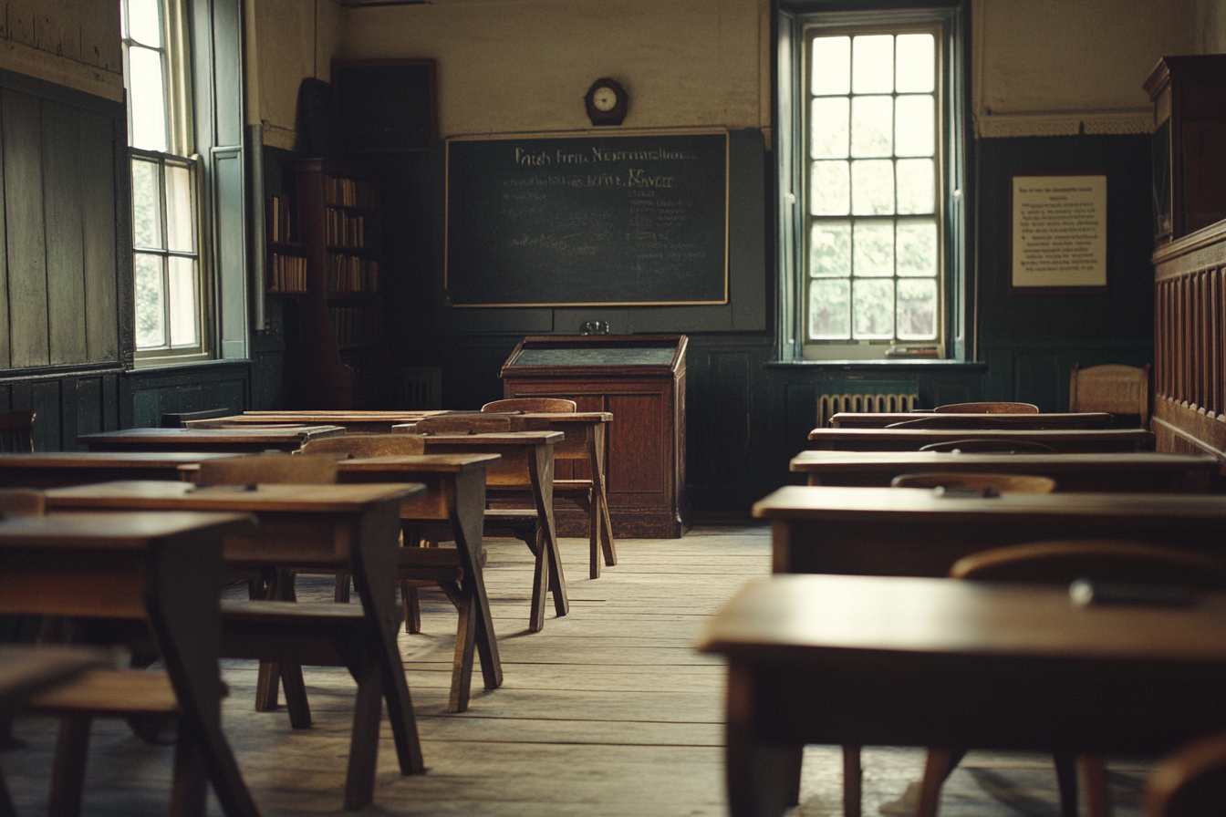 35mm film-style photo of Victorian-era classroom with desks.