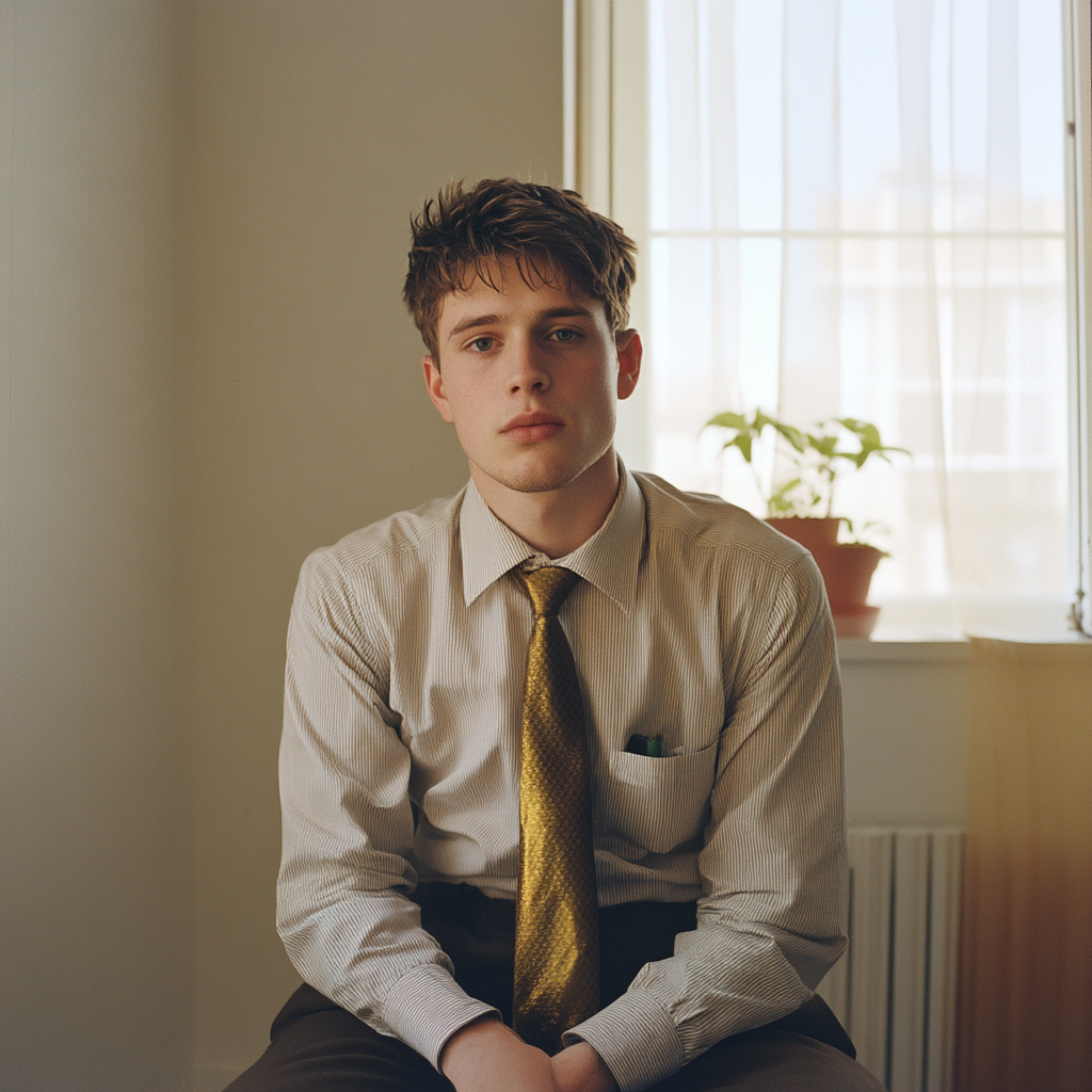 35mm portrait of young man with lipstick, light-filled studio.