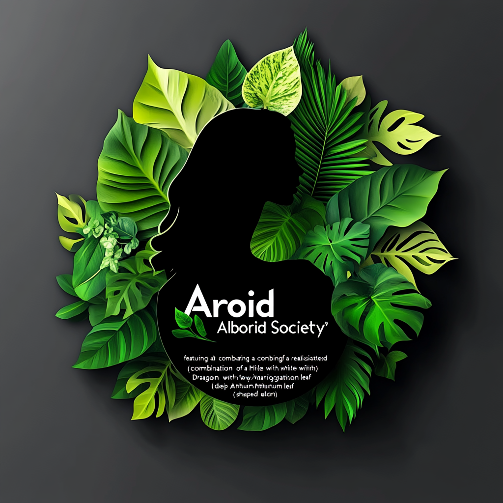 3D 'Aroid Society' logo with Monstera, Philodendron, Anthurium leaves.