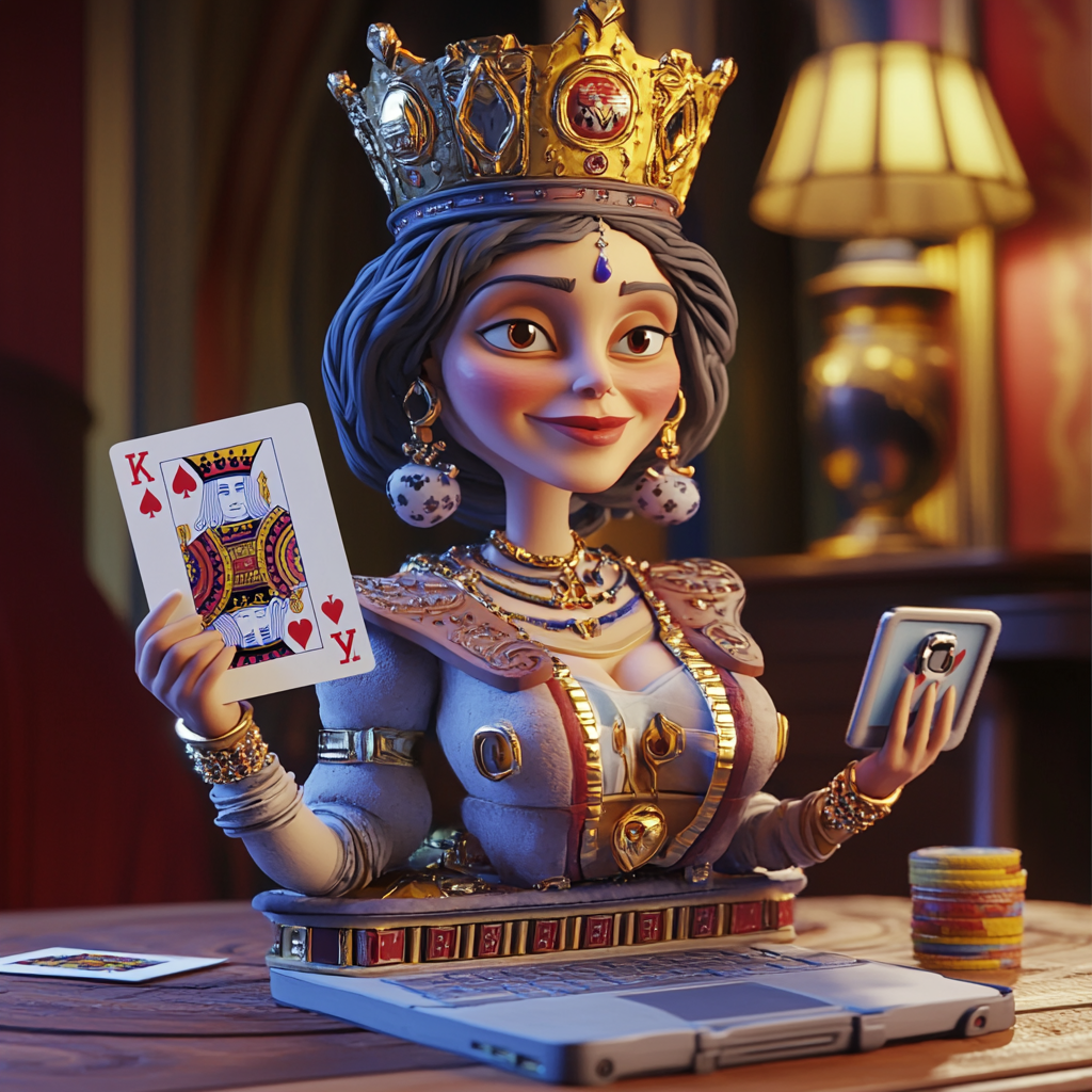 3D Latin queen character emerges from playing card with 4 hands holding various items.