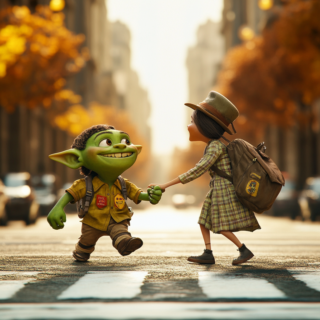 3D Pixar Green Orc Boy Scout Helping Lady