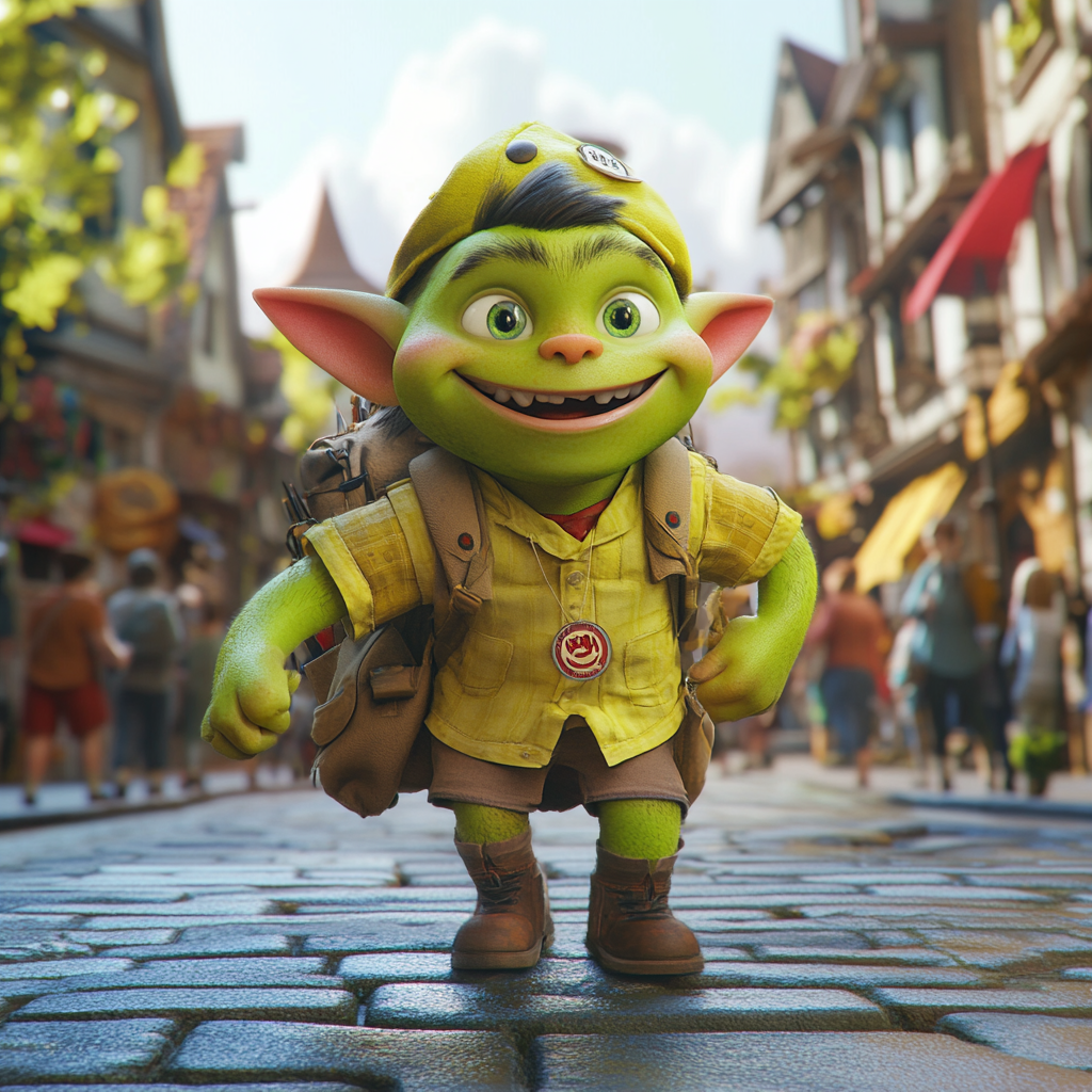 3D Pixar Green Orc Child Scout Helping People