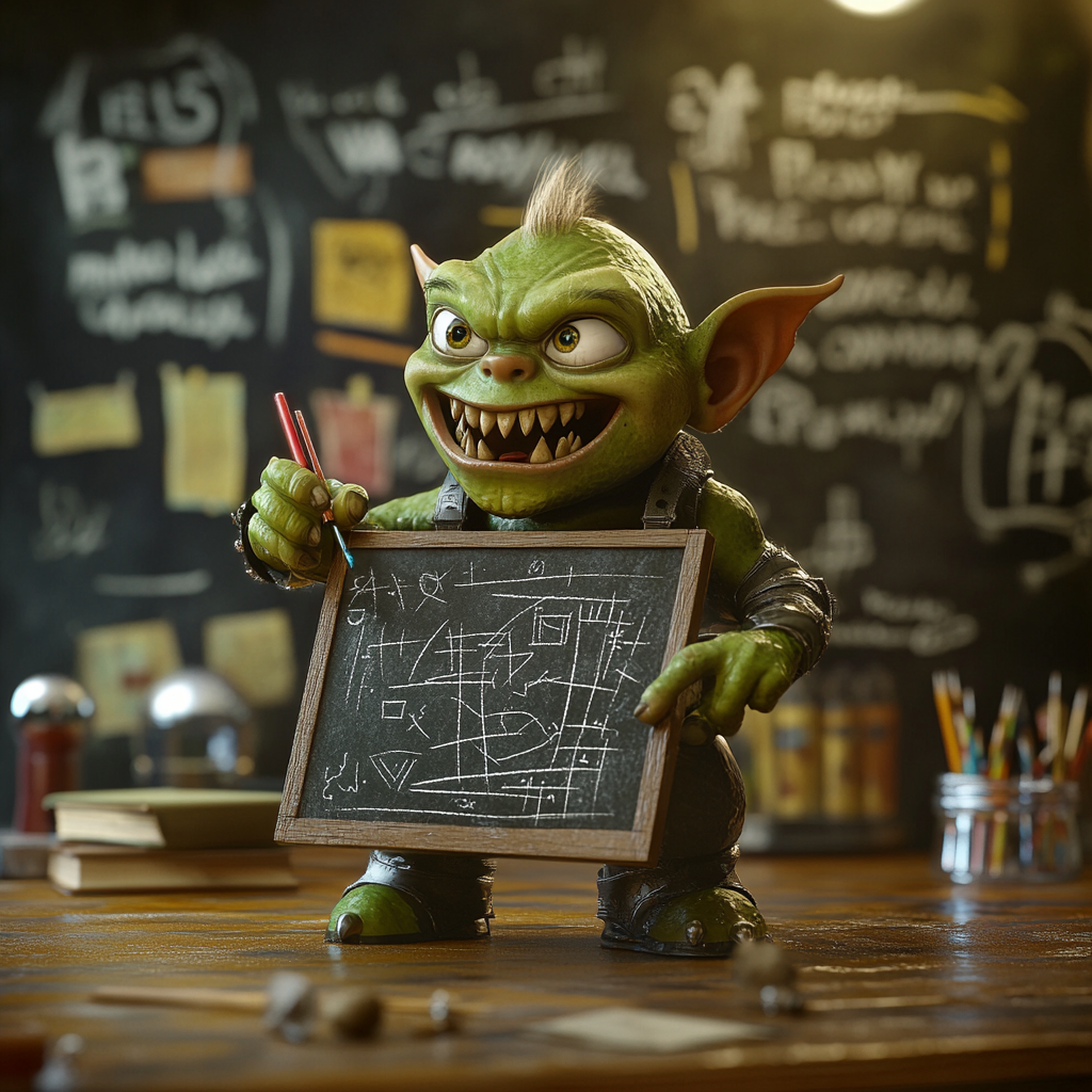 3D Pixar Green Orc Child Teaching Math on Blackboard