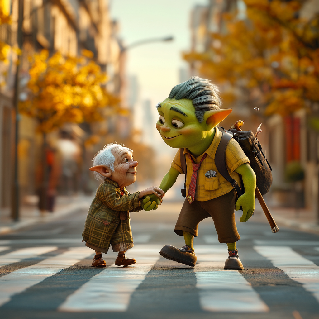 3D Pixar green orc boy scout helping elderly, funny texture