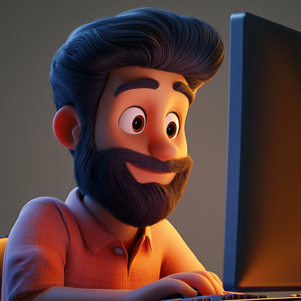 3D Pixar theme, happy Hispanic guy, clean beard, vibrant.