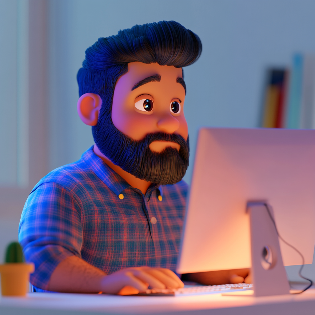 3D Pixar themed Hispanic guy, happy working on computer.