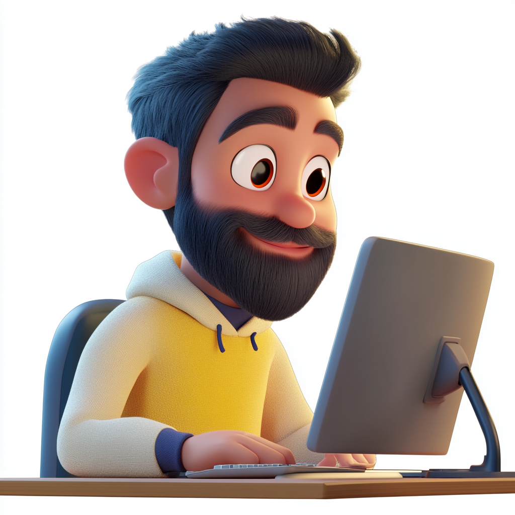 3D Pixar themed Hispanic man happy working on computer.