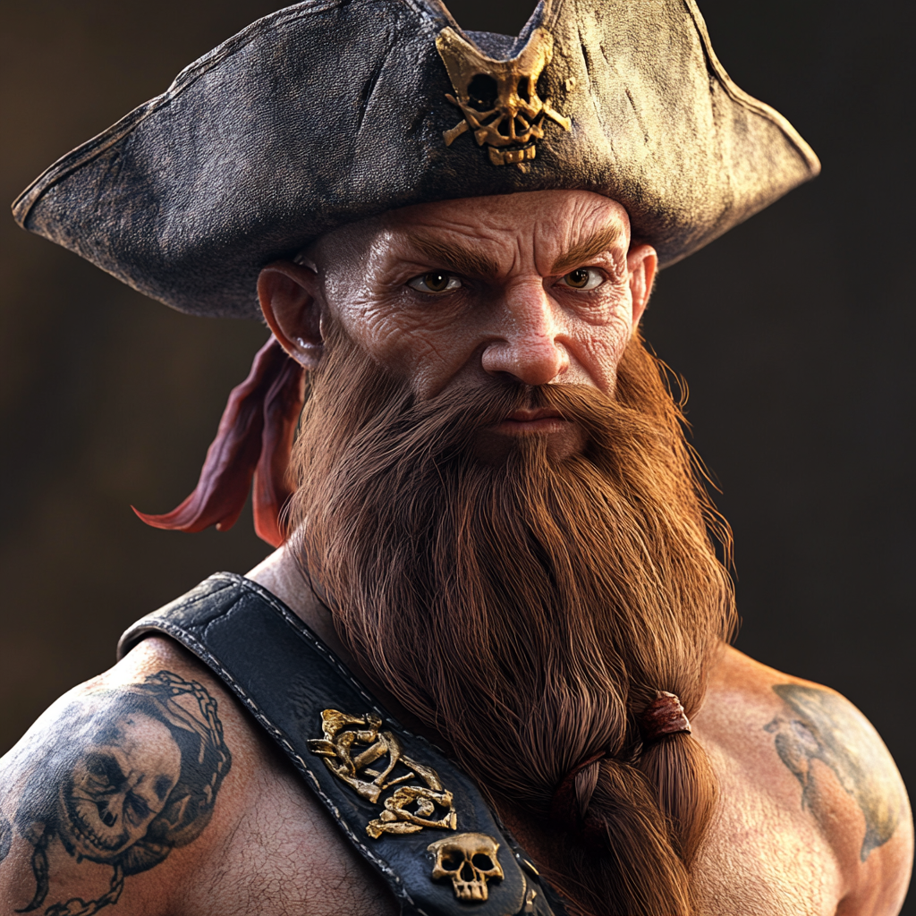 3D RedBeard pirate with tattoos, beard, pirate hat, bald.