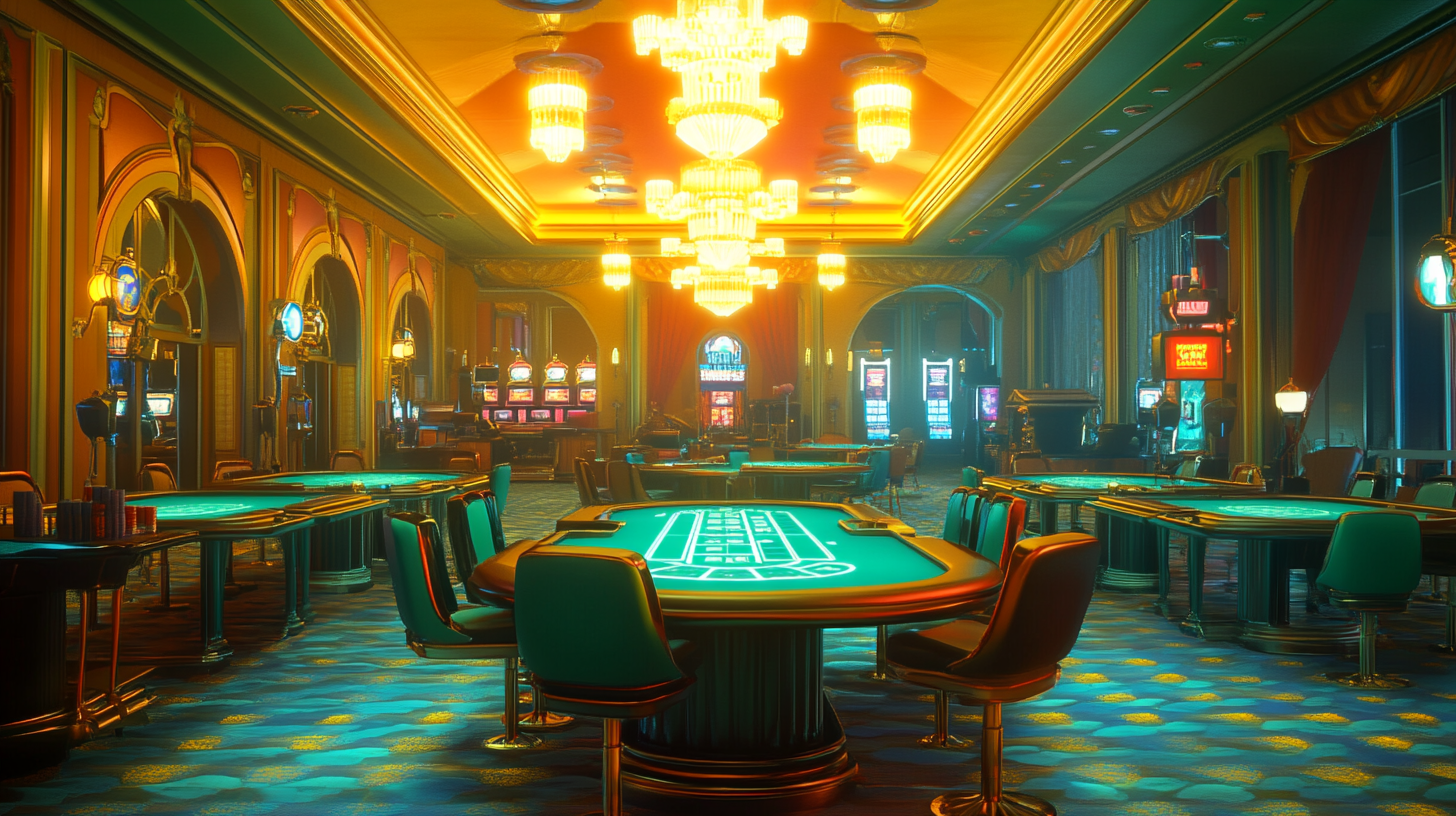 3D animated casino hall with serious tone and colorful tables.