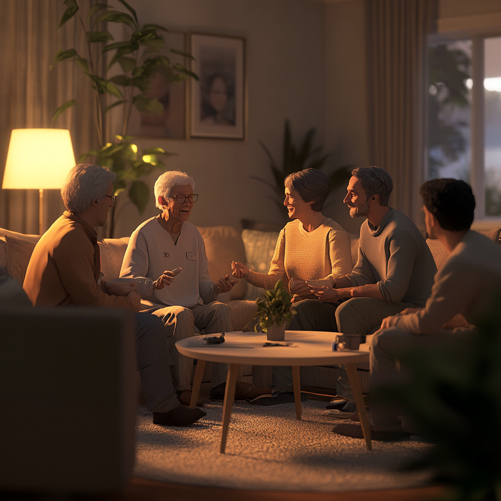 3D animation of cozy home with diverse people interacting.