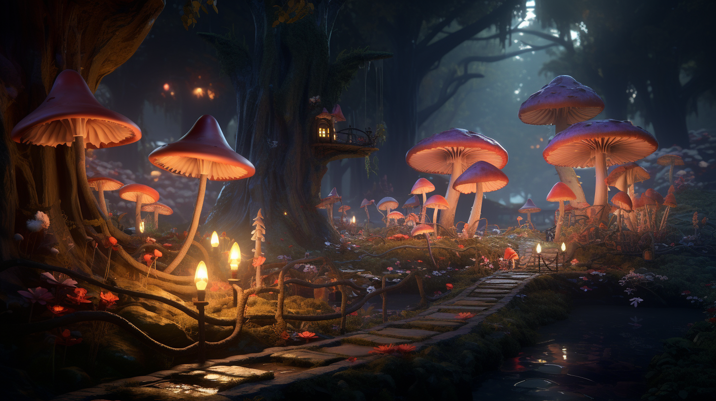 3D animation of lively forest village with playful creatures.