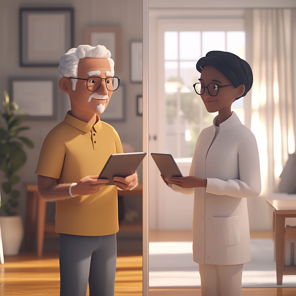 3D animation split-screen: character self-directs care, coordinates with agency.