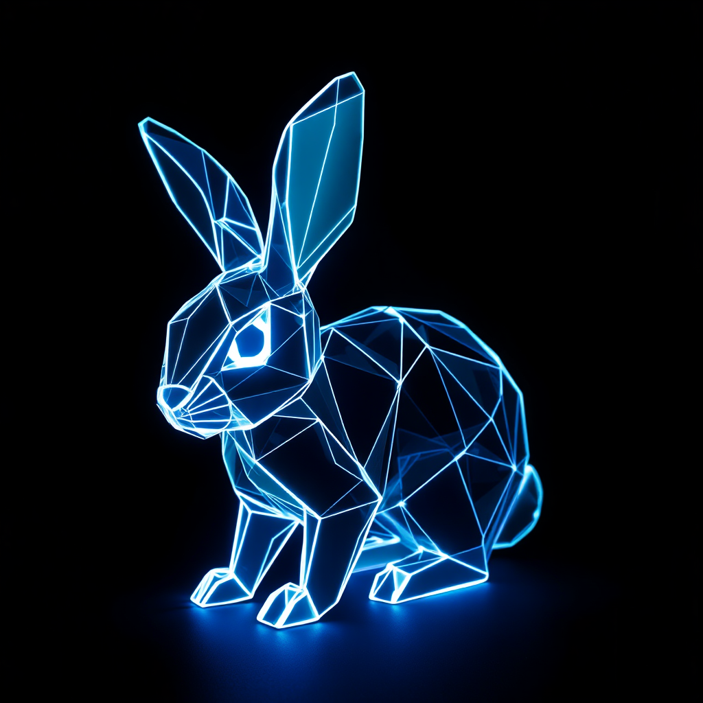 3D bunny made of neon fibers in black void.