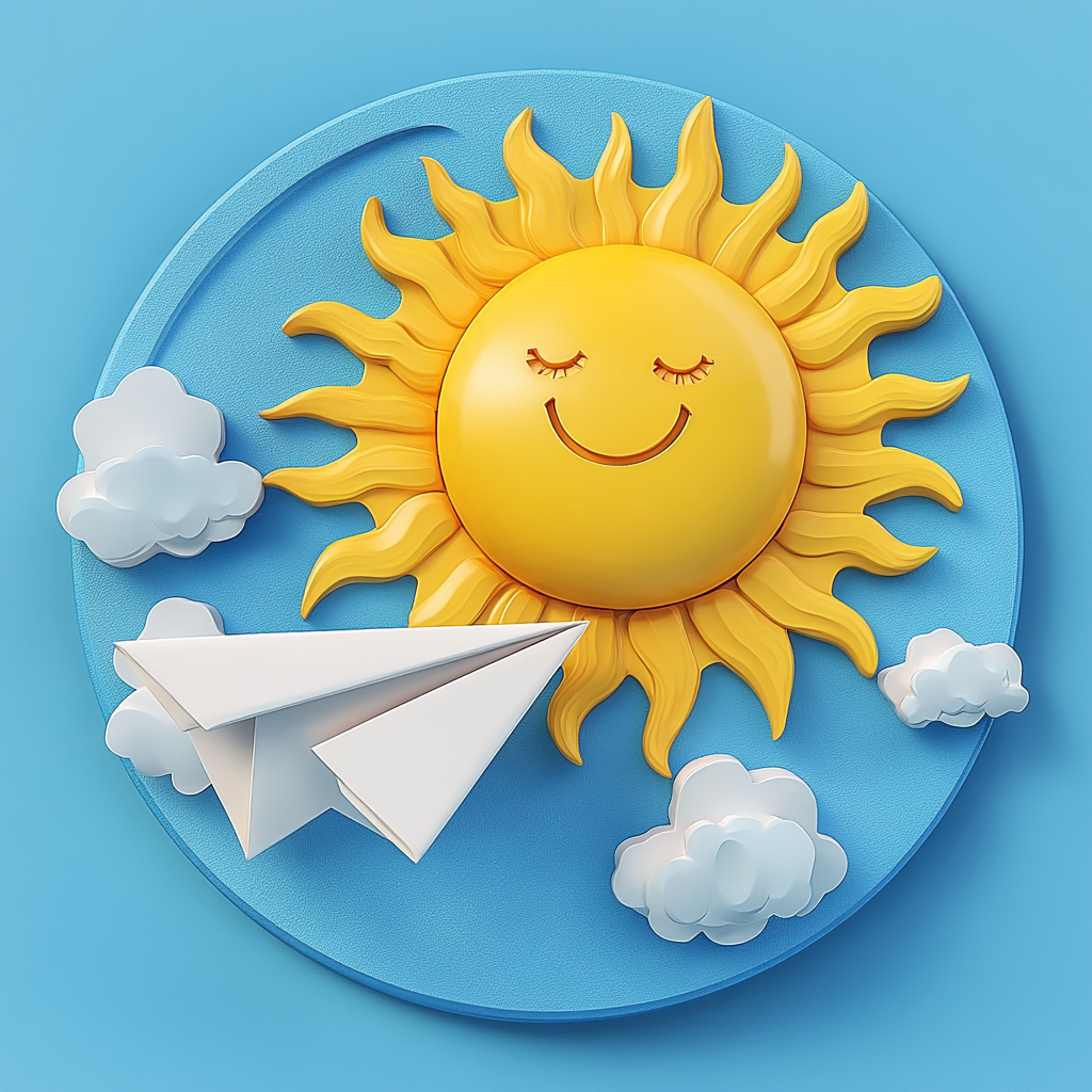 3D circular logo in hand-painted style with sun and airplane.