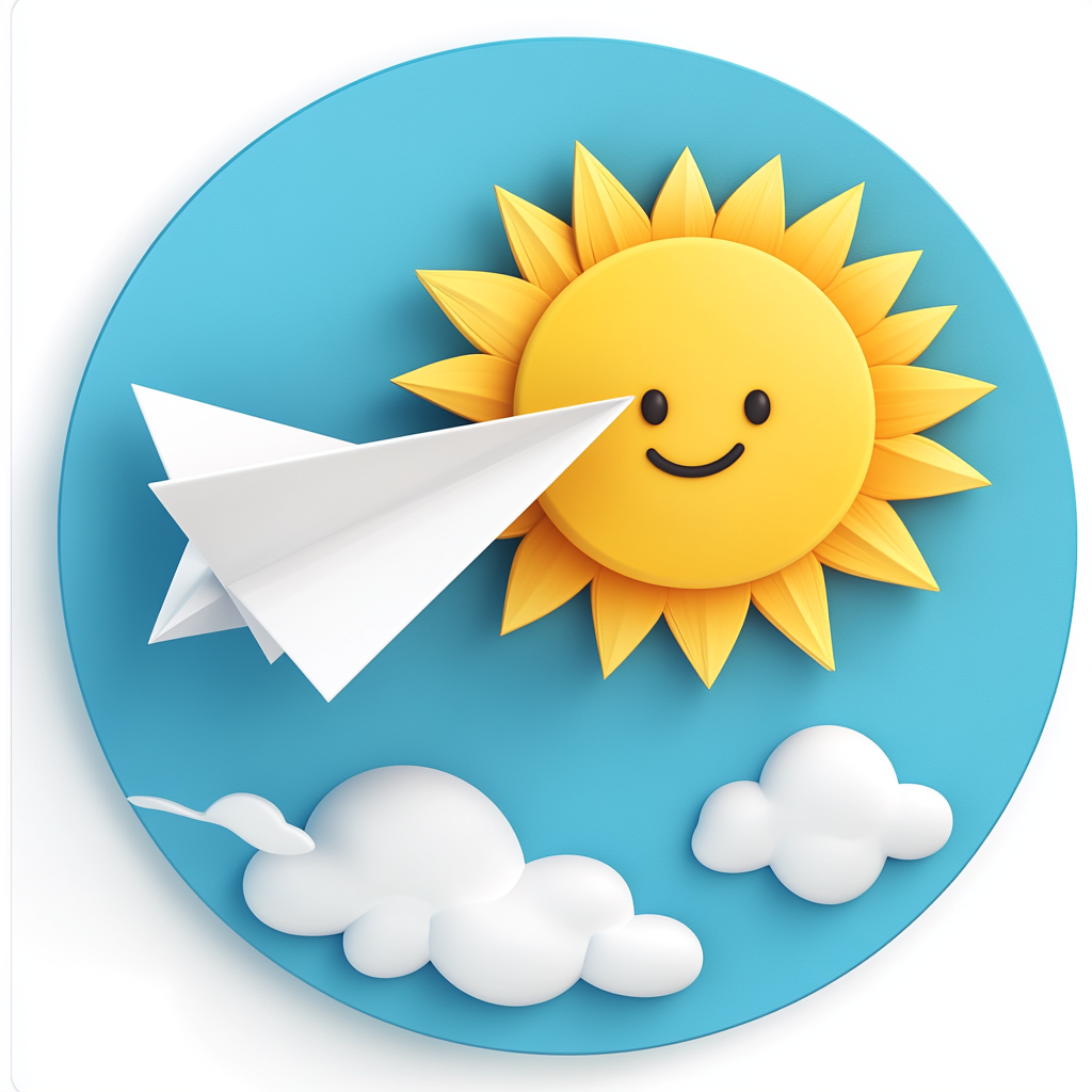 3D circular logo with smiley sun and paper airplane.