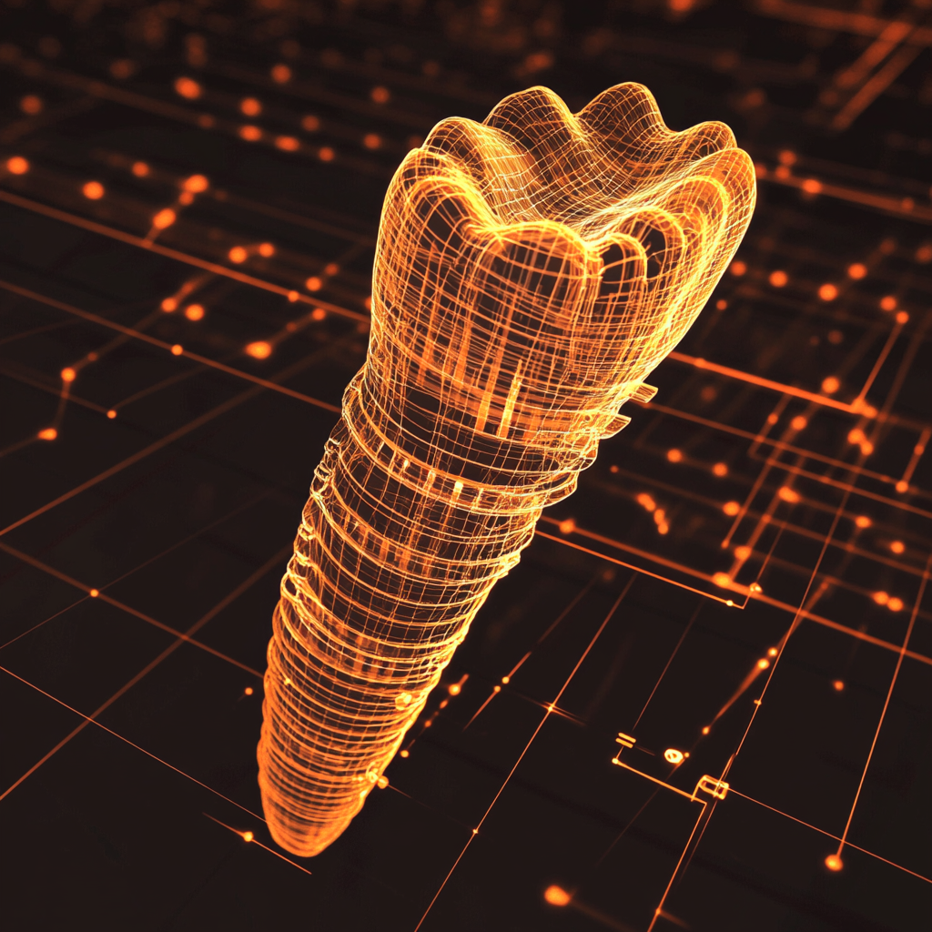 3D dental implant model with wireframes, grid lines, data.