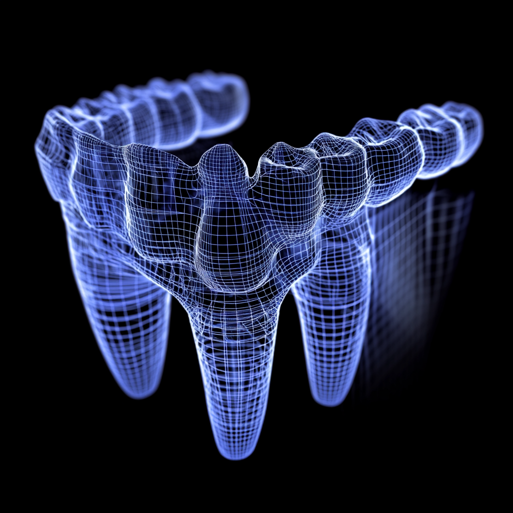 3D dental implant model with wireframes and grid lines.