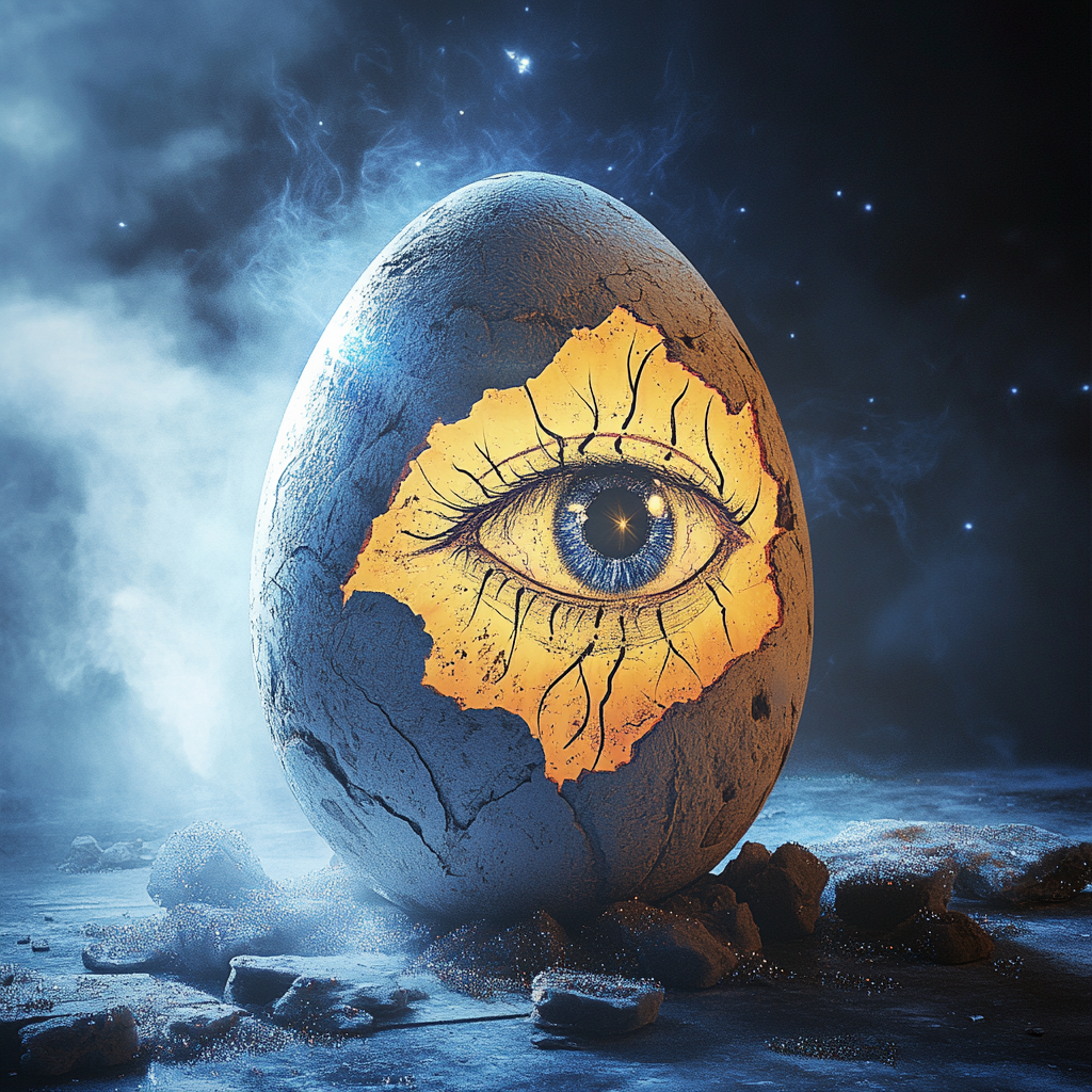 3D digital art of cracked egg with eye sketch.