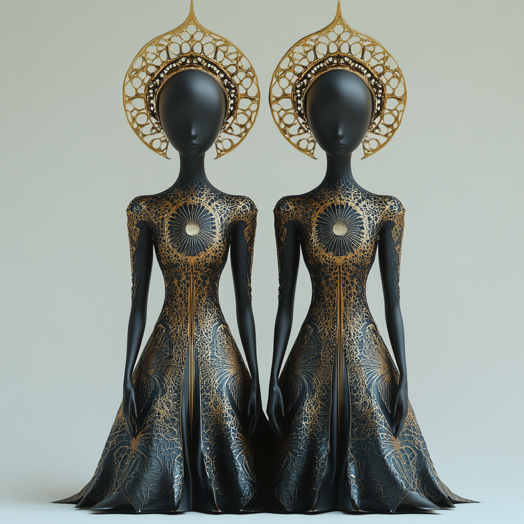 3D digital design of elegant women in black and gold.