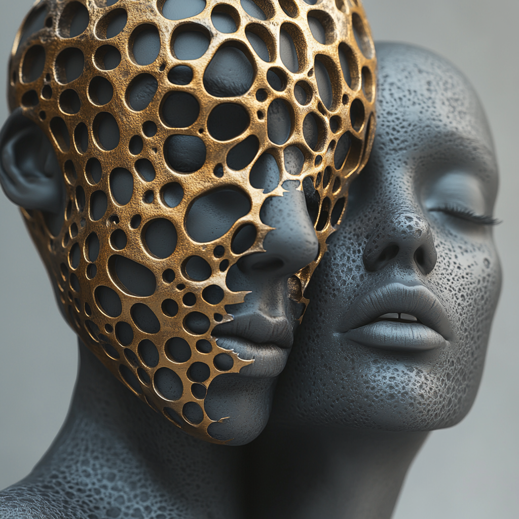 3D digital sculpture of serene man and woman.