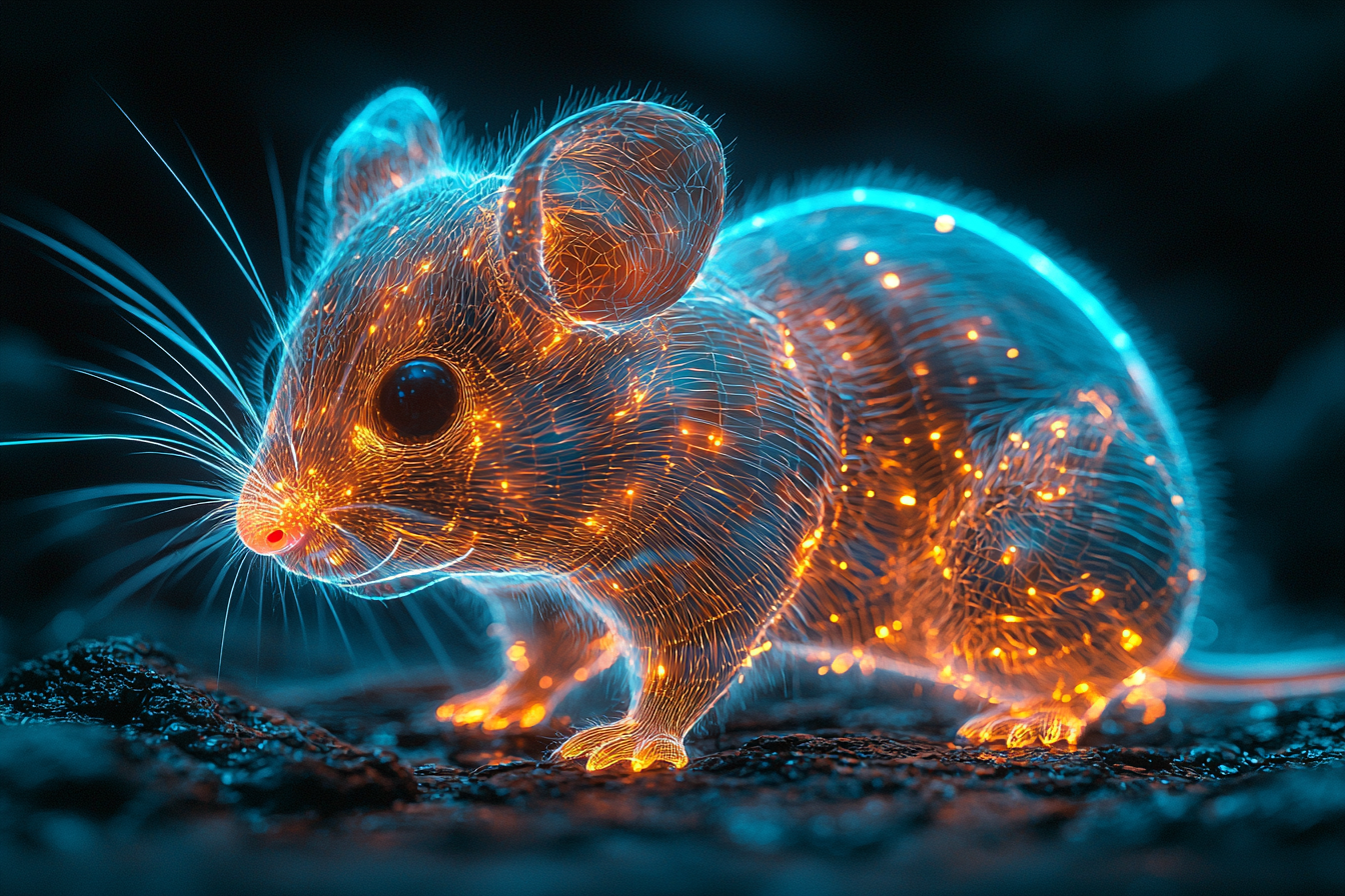 3D geometric hybrid hamster in fluorescent neon optic fibers.