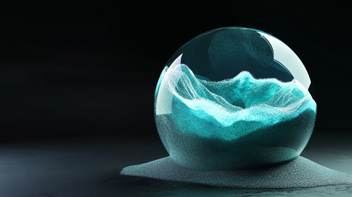 3D glass object with blue-green sand, black background.