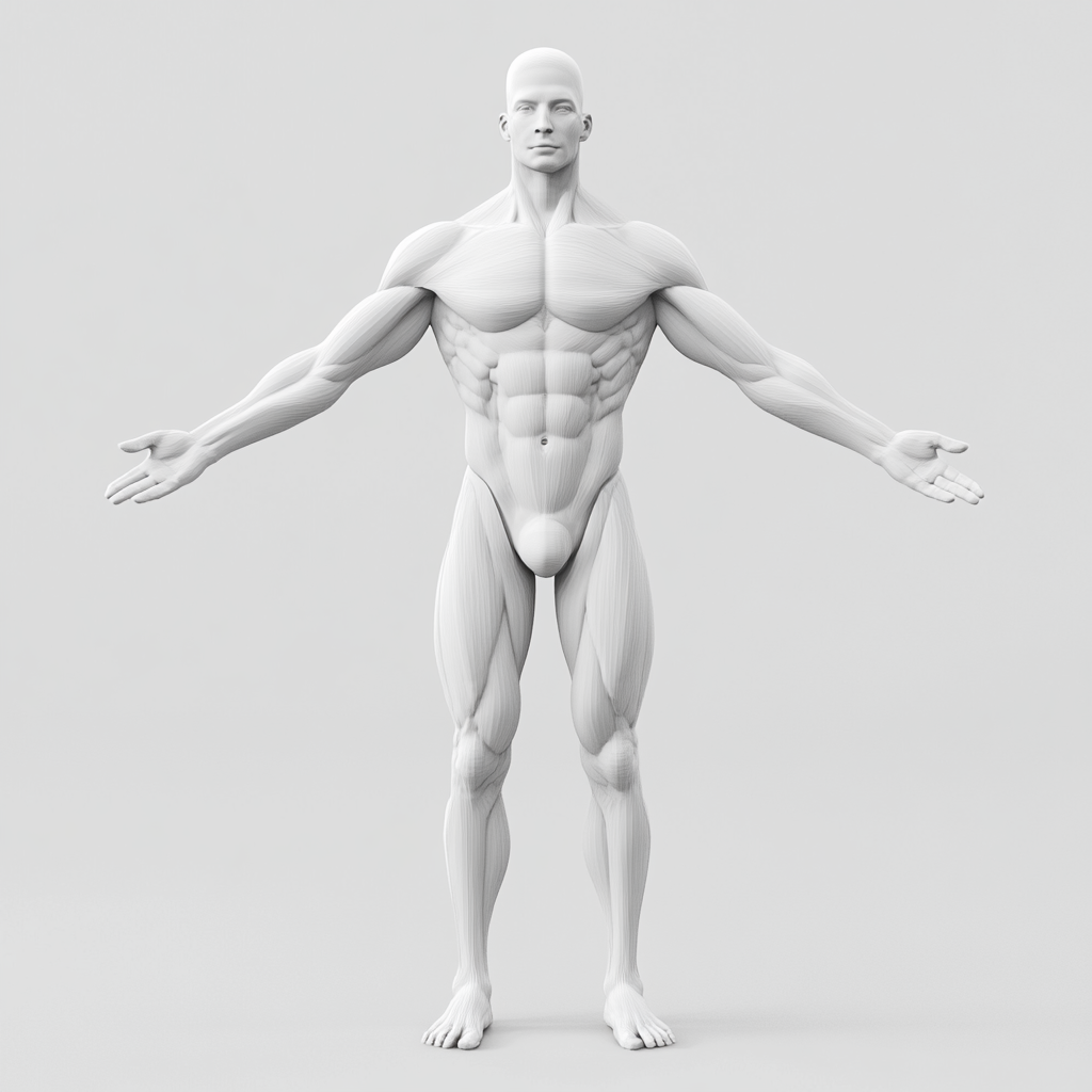 3D humanoid character model with realistic musculature and rigging.