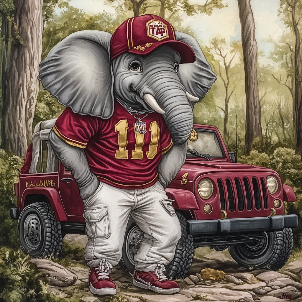 3D hyper realistic caricature of an Alabama crimson tide elephant.