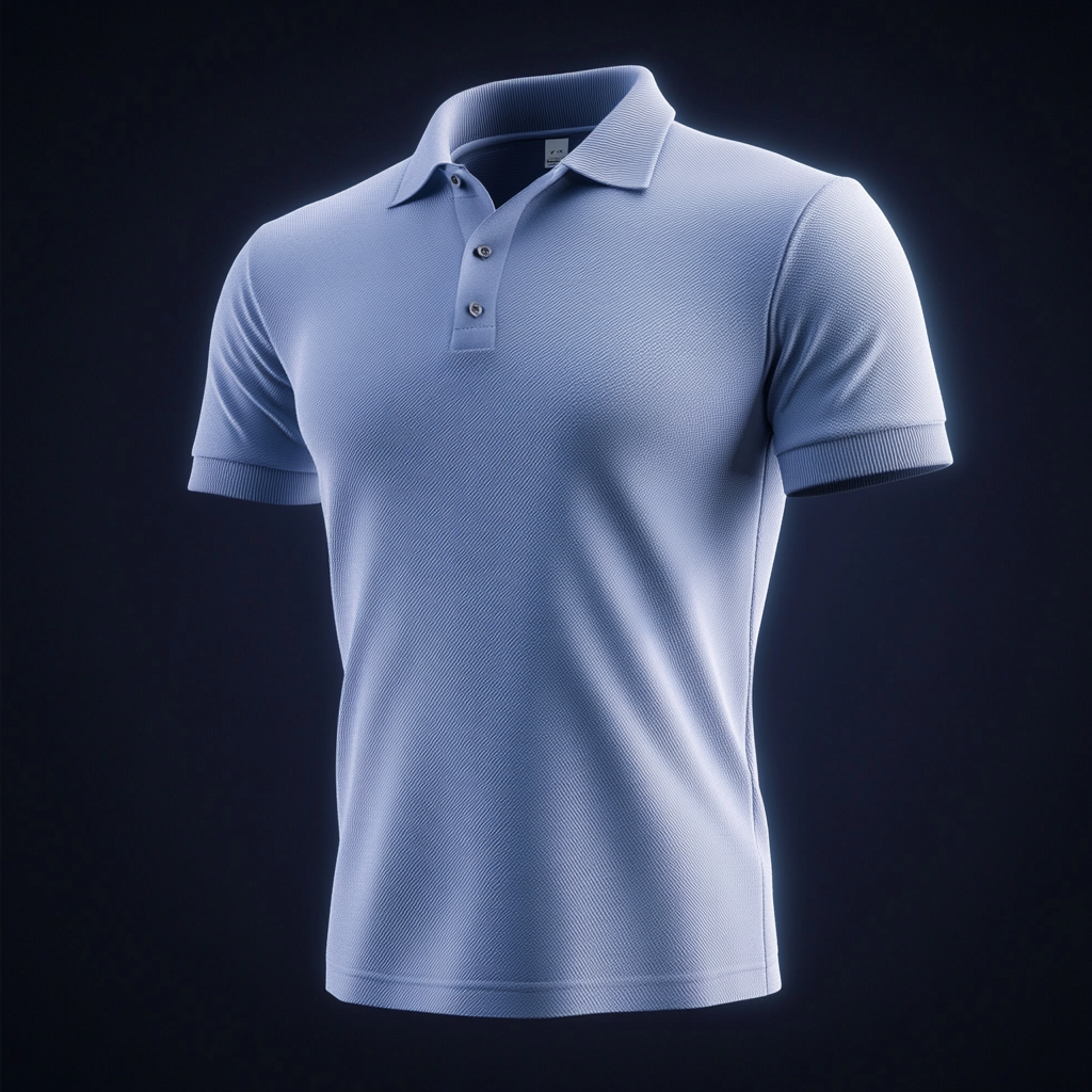 3D image of men's polo with jacquard fabric. Texture, design, unique placket, and stripe on collar. Realistic and floating in the air light blue.